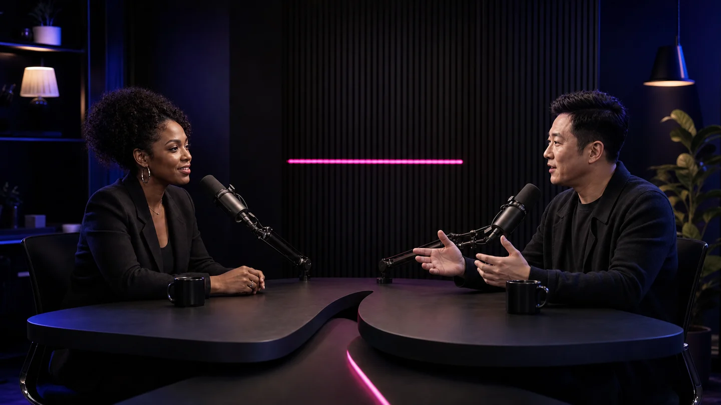 Fictional podcast host and guest in conversation across a dark sculptural desk