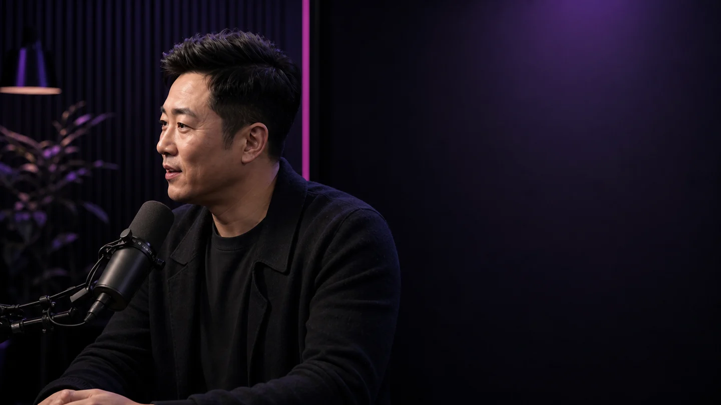 Fictional podcast guest in a dark studio with violet and magenta lighting