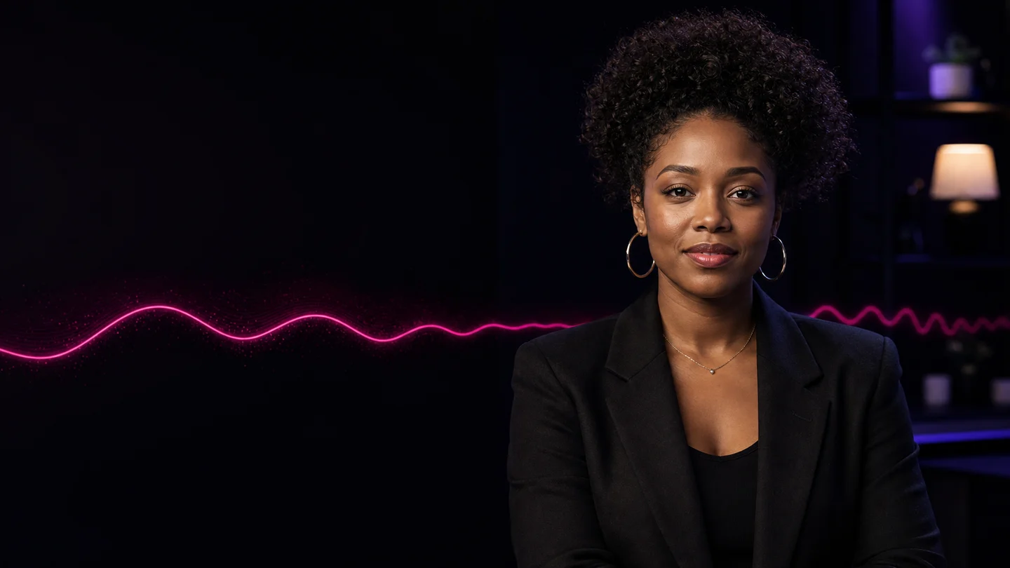 Fictional podcast host in a dark violet studio with a magenta waveform